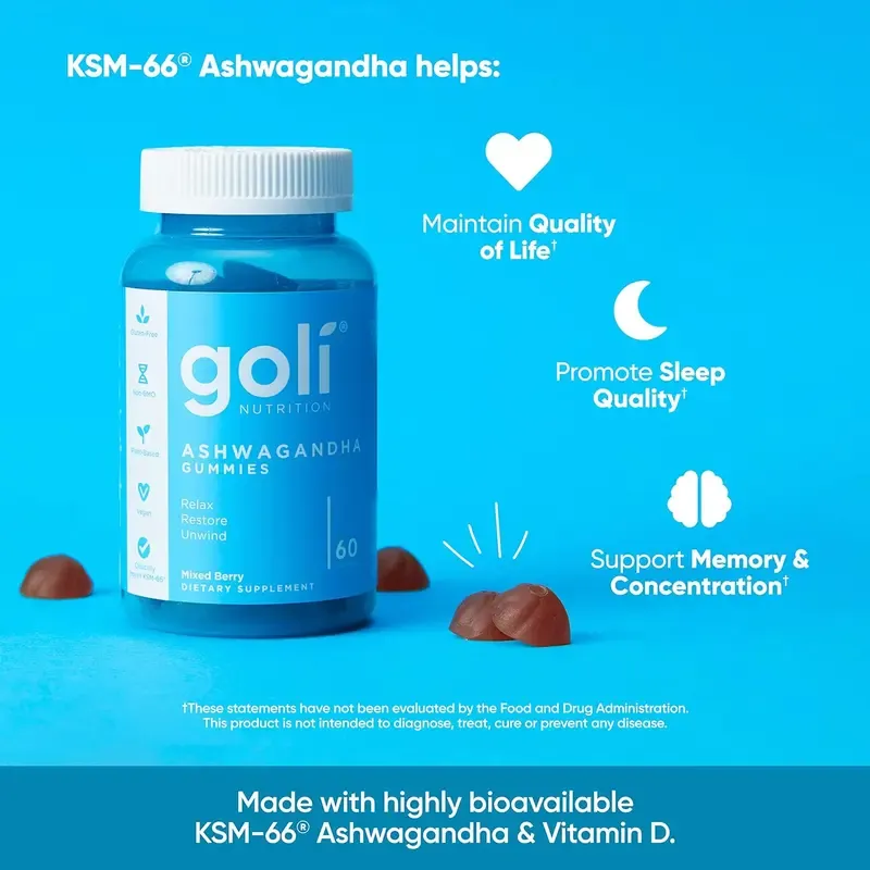 Goli Ashwagandha & Vitamin D Gummy - Mixed Berry, KSM-66, Vegan, Plant Based, Non-GMO, Gluten-Free & Gelatin Free.