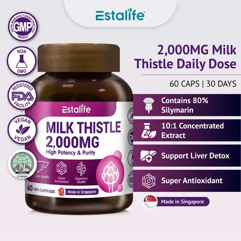 Estalife Milk Thistle 2000MG | Liver Detox | Silymarin | Digestion Kidney Supplement | 60 Caps Edible Fitness Dietary Healthcare