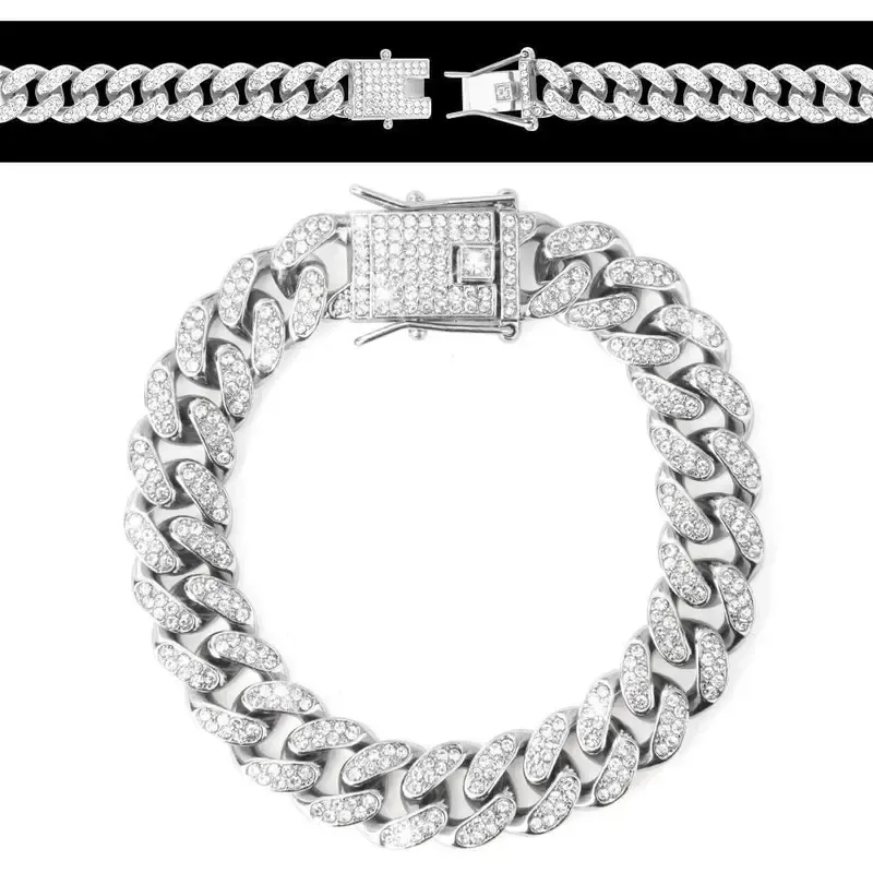 Men's Iced Out Cuban Link Chain - Alloy Metal Jewelry with Diamonds, Thick Silver-Gold Options, Party Wear Hip Hop Necklace & Bracelet for Fitness Enthusiasts