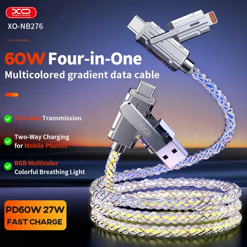 60W 4-in-1 Alloy Glow-in-the-Dark Durable LED Fast Charging Cable - 4-Port Free Switching, Data Transfer Support, Protection, for Smartphone, Electronic Device