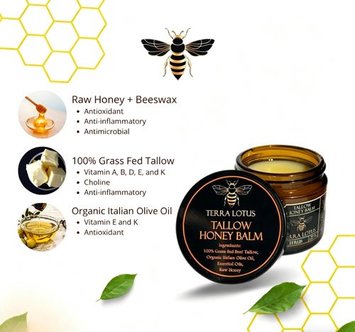 Organic Grass-Fed Beef Tallow Balm with Raw Honey - Handmade All-Natural Moisturizer for Soft, Smooth, Radiant Skin