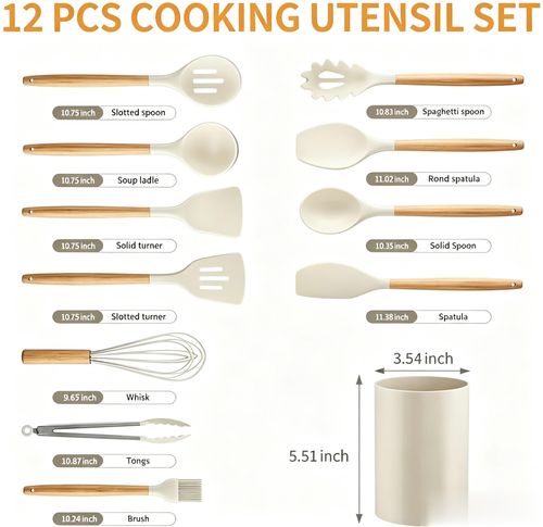 12-Piece Non-Stick Food Grade Silicone Rubber Kitchen Utensil Assortment Set with Wood Handle, Black, Flexible Head, Easy Hanging Hole, Safe, Easy to Clean, Hand Washable, Back to School Gift for Stirring, Baking (Spatulas & Turners Included)