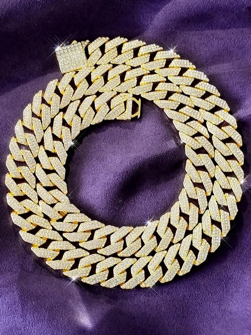 Men's Iced Out Cuban Link Chain - Alloy Metal Jewelry with Diamonds, Thick Silver-Gold Options, Party Wear Hip Hop Necklace & Bracelet for Fitness Enthusiasts