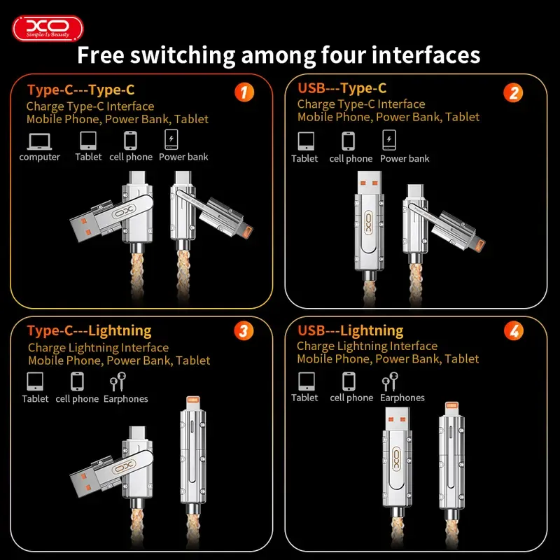 60W 4-in-1 Alloy Glow-in-the-Dark Durable LED Fast Charging Cable - 4-Port Free Switching, Data Transfer Support, Protection, for Smartphone, Electronic Device