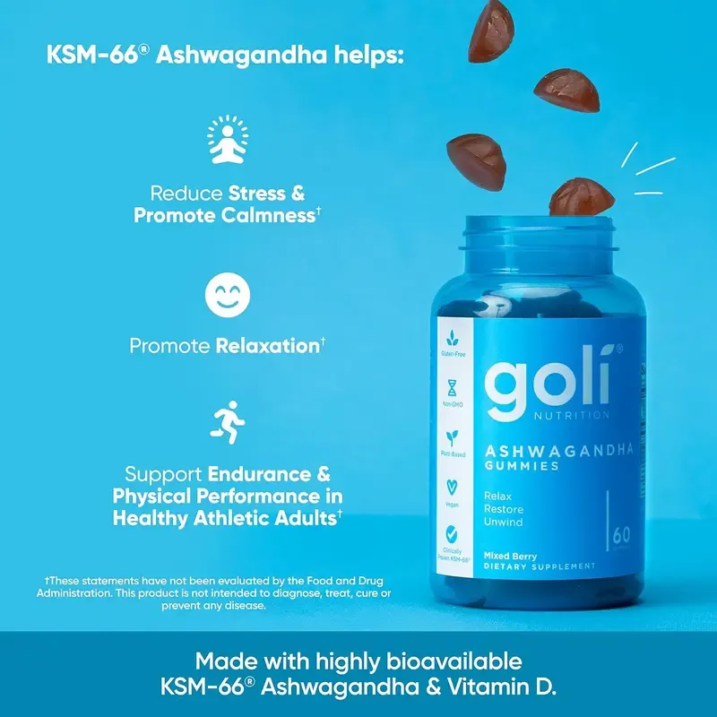 Goli Ashwagandha & Vitamin D Gummy - Mixed Berry, KSM-66, Vegan, Plant Based, Non-GMO, Gluten-Free & Gelatin Free.