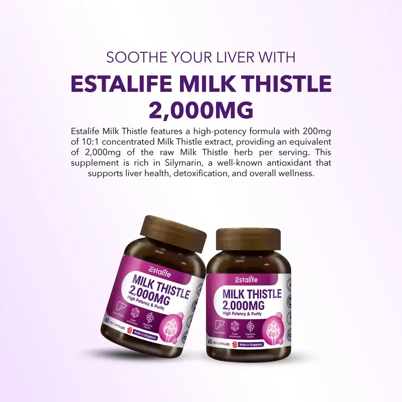 Estalife Milk Thistle 2000MG | Liver Detox | Silymarin | Digestion Kidney Supplement | 60 Caps Edible Fitness Dietary Healthcare