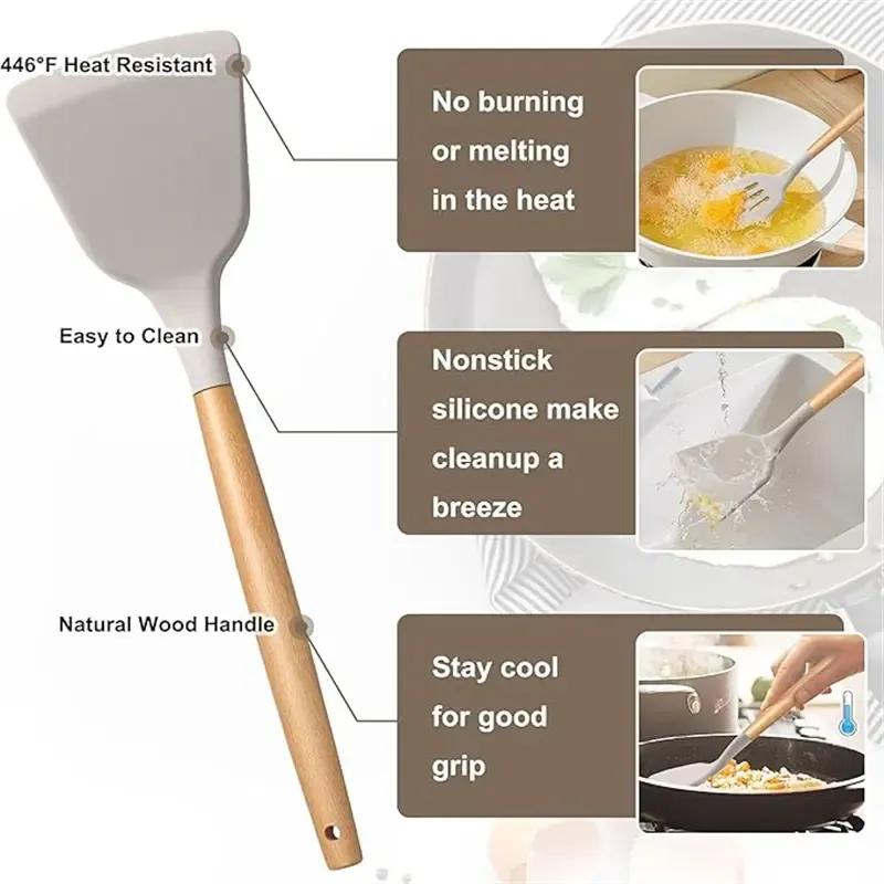 12-Piece Non-Stick Food Grade Silicone Rubber Kitchen Utensil Assortment Set with Wood Handle, Black, Flexible Head, Easy Hanging Hole, Safe, Easy to Clean, Hand Washable, Back to School Gift for Stirring, Baking (Spatulas & Turners Included)