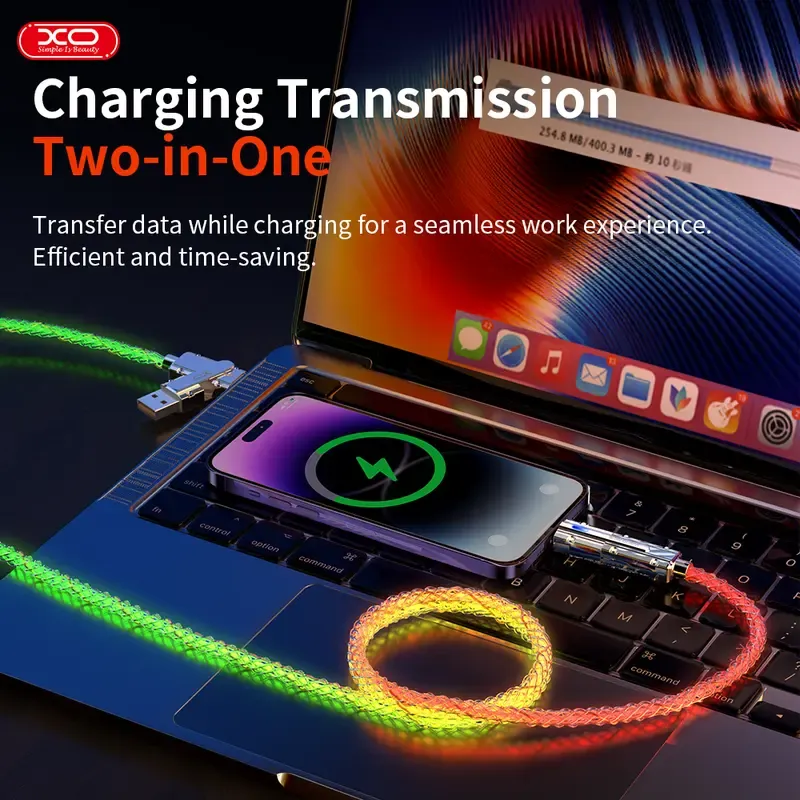 60W 4-in-1 Alloy Glow-in-the-Dark Durable LED Fast Charging Cable - 4-Port Free Switching, Data Transfer Support, Protection, for Smartphone, Electronic Device