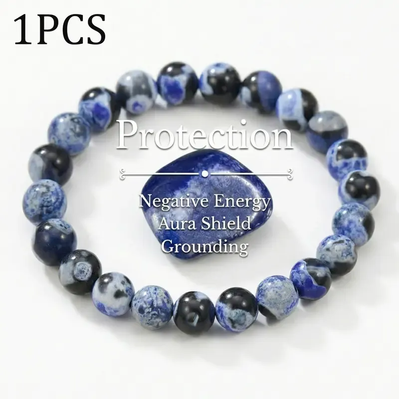 Blue Fire Agate Energy Bracelet - 8mm 18cm Handmade Unisex Non-Natural Crystal Stretch Bangle, Healing Stone for Clarity, Focus, Protection, Enhancing Memory, Spiritual Meditation, Student Gift Jewelry