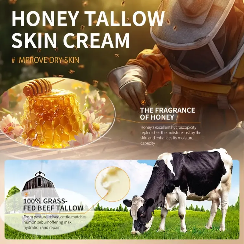 Organic Grass-Fed Beef Tallow Balm with Raw Honey - Handmade All-Natural Moisturizer for Soft, Smooth, Radiant Skin