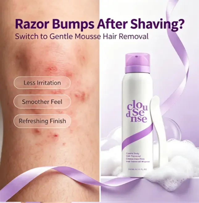 Cloudsense Gentle Hair Removal Mousse, Painless Depilatory Foam Spray for Arms, Legs, Underarm & Bikini Area, Skin Friendly Body Hair Remover Cream Mousse