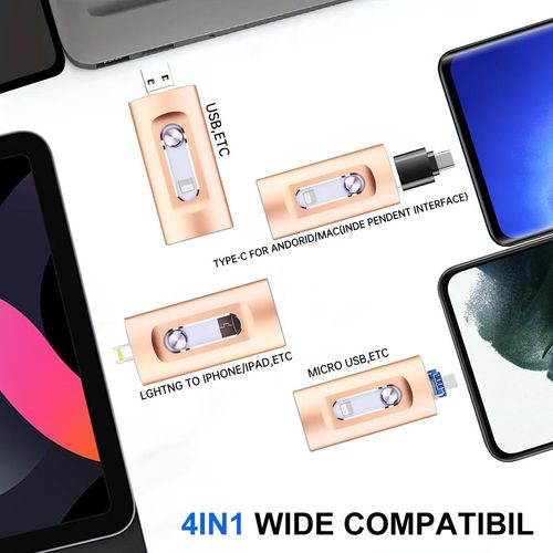 4-in-1 Flash Drive MFi Certified 512GB Portable USB OTG Memory Stick for iPhone iOS(Need app) Android PC with Type-C Adapter High-Speed Data Transfer