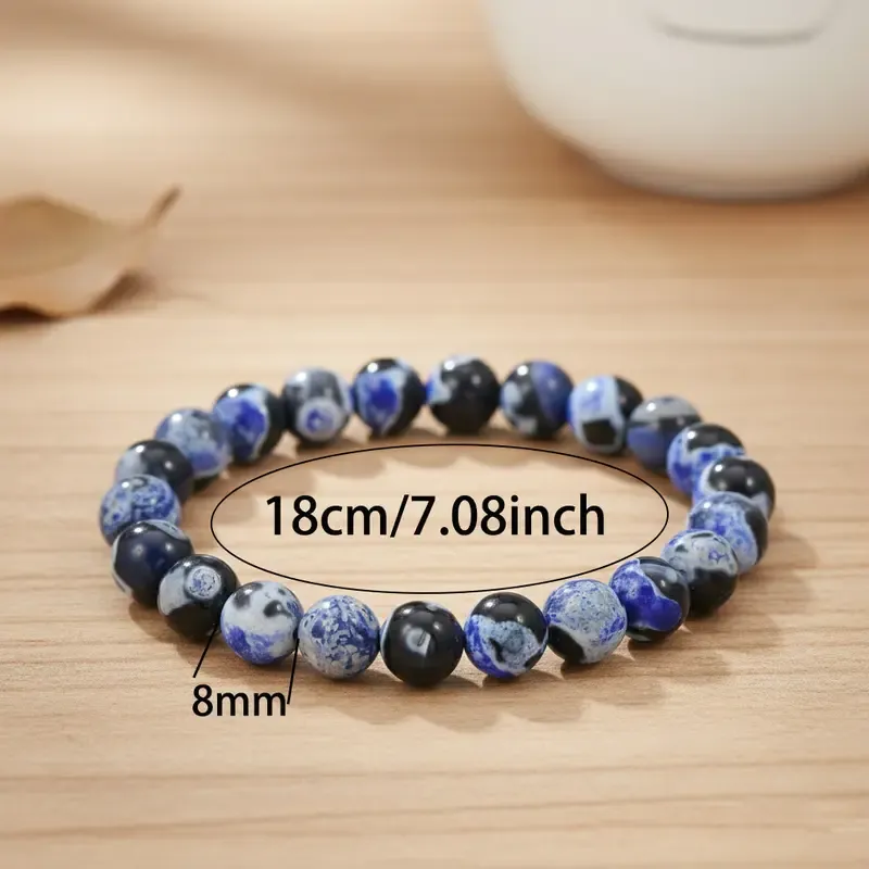 Blue Fire Agate Energy Bracelet - 8mm 18cm Handmade Unisex Non-Natural Crystal Stretch Bangle, Healing Stone for Clarity, Focus, Protection, Enhancing Memory, Spiritual Meditation, Student Gift Jewelry