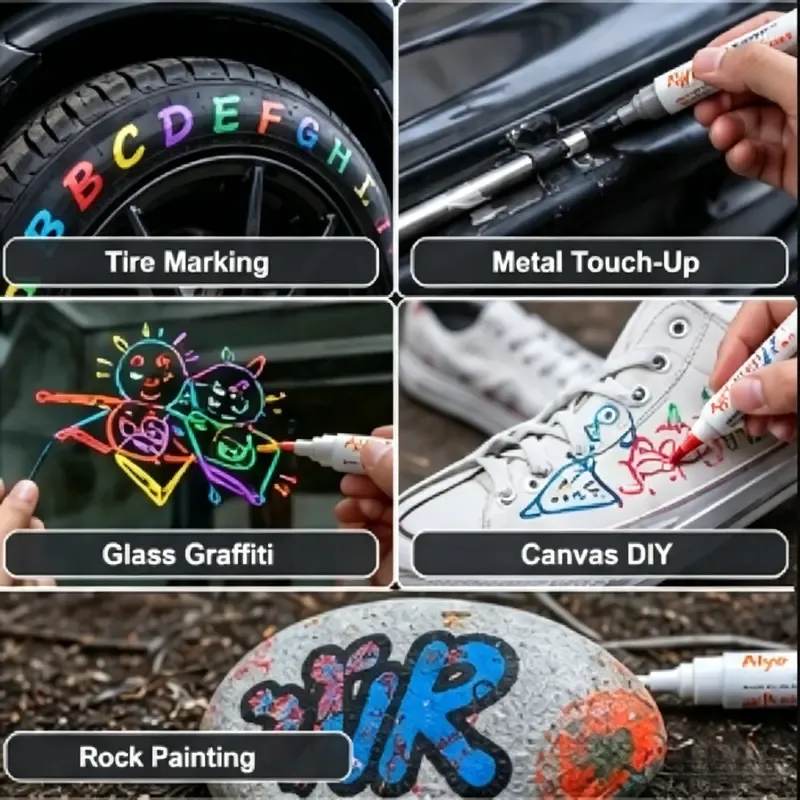 Automotive Tire Paint Markers - 12 Color Oil-Based Permanent Markers, Medium Tip, Quick-Dry, Waterproof for Metal, Wood, Rubber (Car Washing & Maintenance Paint Repair Tools)