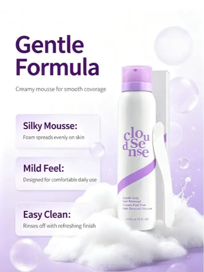 Cloudsense Gentle Hair Removal Mousse, Painless Depilatory Foam Spray for Arms, Legs, Underarm & Bikini Area, Skin Friendly Body Hair Remover Cream Mousse