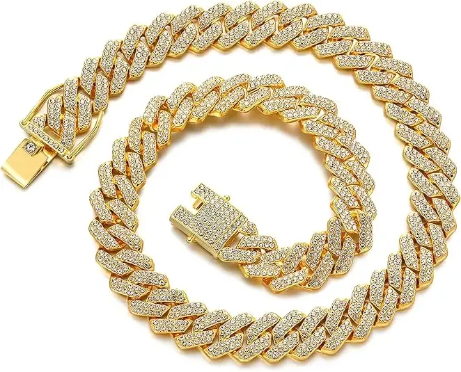 Men's Iced Out Cuban Link Chain - Alloy Metal Jewelry with Diamonds, Thick Silver-Gold Options, Party Wear Hip Hop Necklace & Bracelet for Fitness Enthusiasts