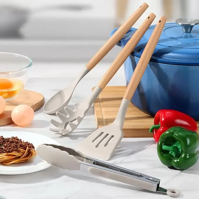 12-Piece Non-Stick Food Grade Silicone Rubber Kitchen Utensil Assortment Set with Wood Handle, Black, Flexible Head, Easy Hanging Hole, Safe, Easy to Clean, Hand Washable, Back to School Gift for Stirring, Baking (Spatulas & Turners Included)