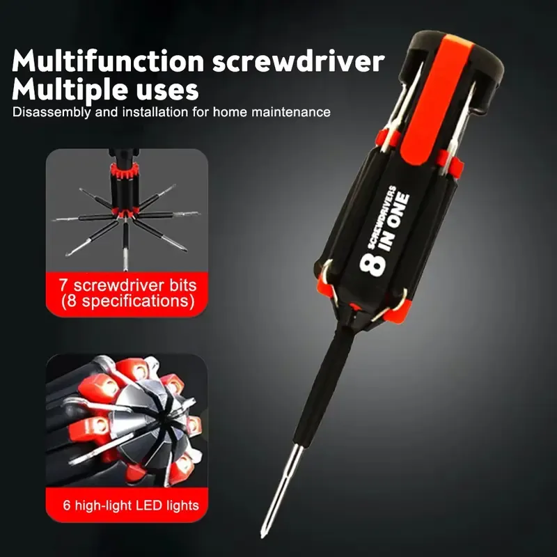 8-in-1 Multi-Tool Kit - Worklight, LED Flashlight, 8 Screwdrivers, Compact to Carry Professional Gadget for Home+Car Repairs, Car Adjustments & Kitchen Use, Reliable Hand Tool Set for DIY Enthusiastsv