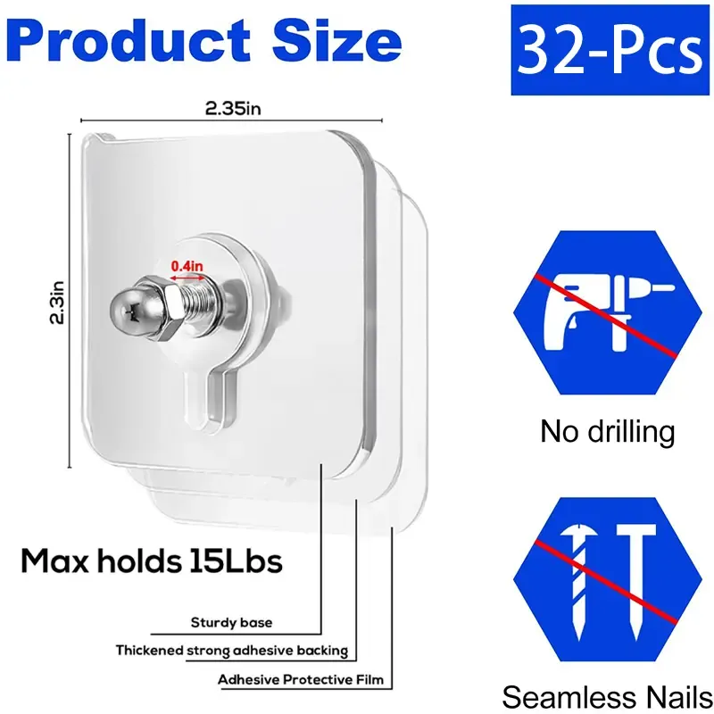 BUY 16 Get 16 Free 32-Piece No-Drill Screw Stickers, Strong Adhesive No-Nail, No Drilling Required Adhesive Wall Hooks Wall Mount Screw Hooks Picture Hangers for Smooth Surfaces  Room Organization Products Organiser