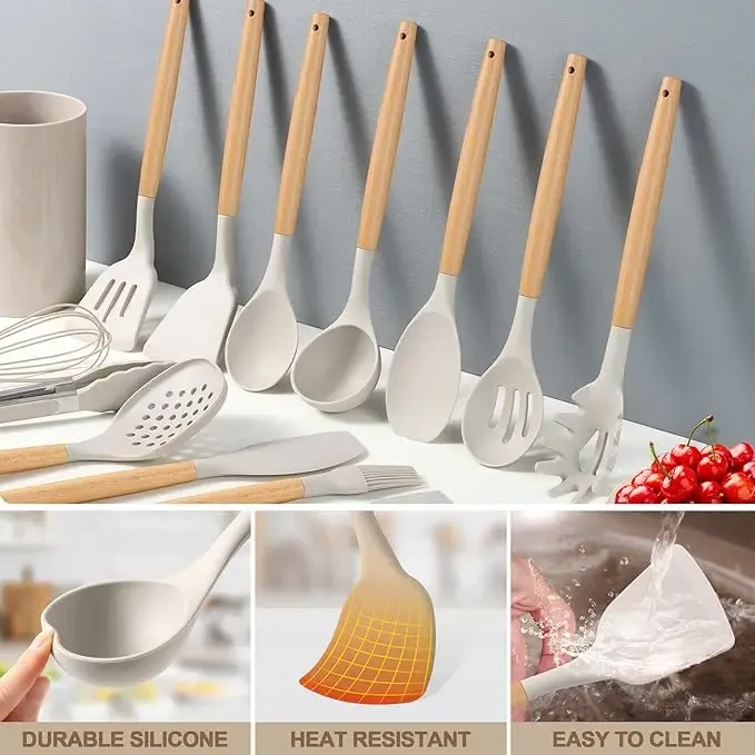 12-Piece Non-Stick Food Grade Silicone Rubber Kitchen Utensil Assortment Set with Wood Handle, Black, Flexible Head, Easy Hanging Hole, Safe, Easy to Clean, Hand Washable, Back to School Gift for Stirring, Baking (Spatulas & Turners Included)