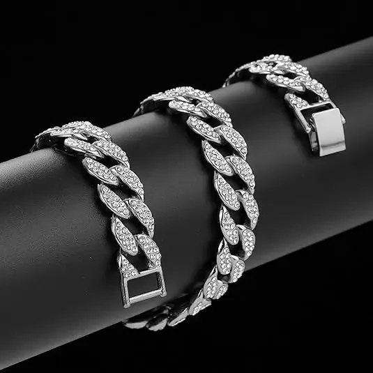 Men's Iced Out Cuban Link Chain - Alloy Metal Jewelry with Diamonds, Thick Silver-Gold Options, Party Wear Hip Hop Necklace & Bracelet for Fitness Enthusiasts