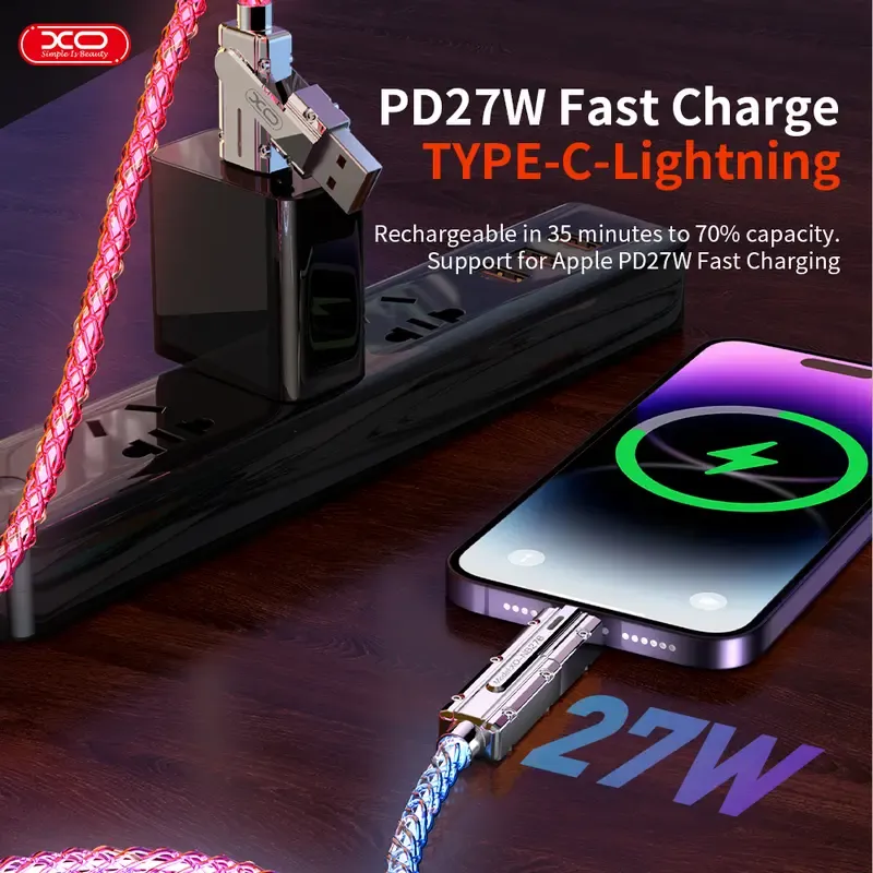 60W 4-in-1 Alloy Glow-in-the-Dark Durable LED Fast Charging Cable - 4-Port Free Switching, Data Transfer Support, Protection, for Smartphone, Electronic Device
