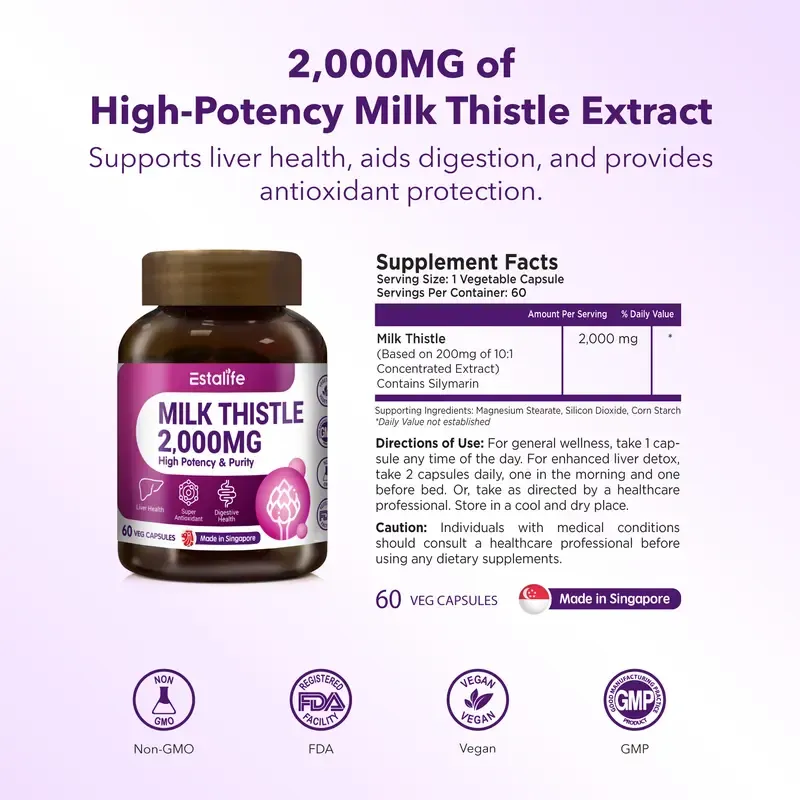 Estalife Milk Thistle 2000MG | Liver Detox | Silymarin | Digestion Kidney Supplement | 60 Caps Edible Fitness Dietary Healthcare