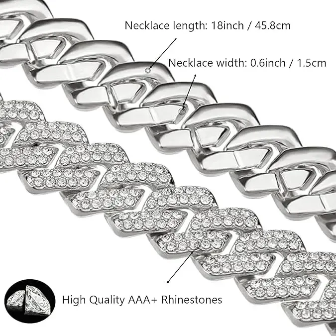 Men's Iced Out Cuban Link Chain - Alloy Metal Jewelry with Diamonds, Thick Silver-Gold Options, Party Wear Hip Hop Necklace & Bracelet for Fitness Enthusiasts