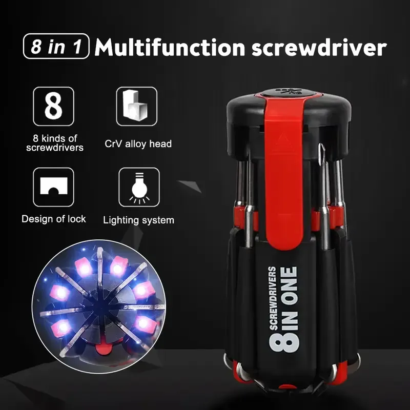 8-in-1 Multi-Tool Kit - Worklight, LED Flashlight, 8 Screwdrivers, Compact to Carry Professional Gadget for Home+Car Repairs, Car Adjustments & Kitchen Use, Reliable Hand Tool Set for DIY Enthusiastsv