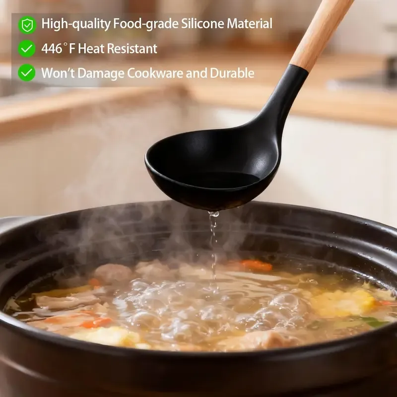 12-Piece Non-Stick Food Grade Silicone Rubber Kitchen Utensil Assortment Set with Wood Handle, Black, Flexible Head, Easy Hanging Hole, Safe, Easy to Clean, Hand Washable, Back to School Gift for Stirring, Baking (Spatulas & Turners Included)