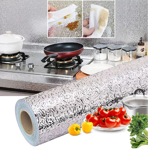 0.6m×5m Kitchen Oil Fire High-Temp Moisture-Proof Cabinet Wallpaper Self-Adhesive Tin Aluminum Foil Ugly Paper Cover-Wall Stickers