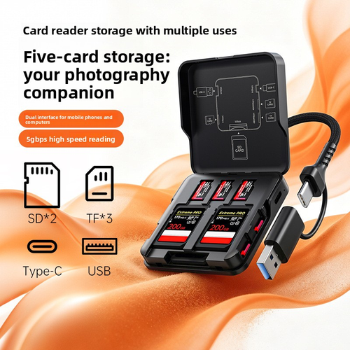 5 in 1 USB3.0 Reader Storage Box Adapter With USB Type-C Cable Support 5Ports Read Simultaneously for SD TF Card Storage Manager