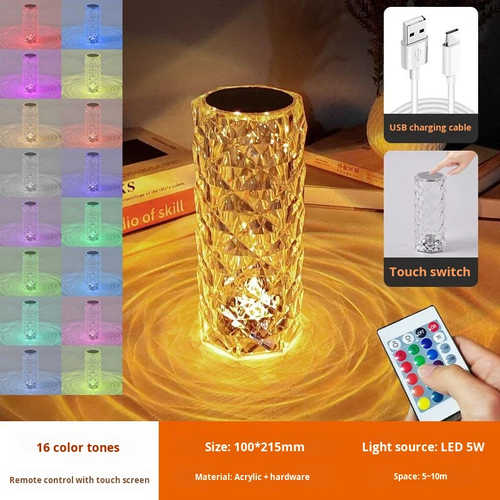 RGB Color-Changing LED Night Light Touch Control Crystal Table Lamp Remote Control Power Battery Rose Light Atmosphere
