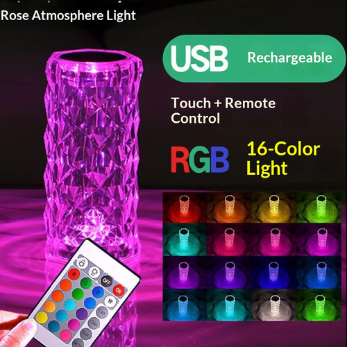 RGB Color-Changing LED Night Light Touch Control Crystal Table Lamp Remote Control Power Battery Rose Light Atmosphere