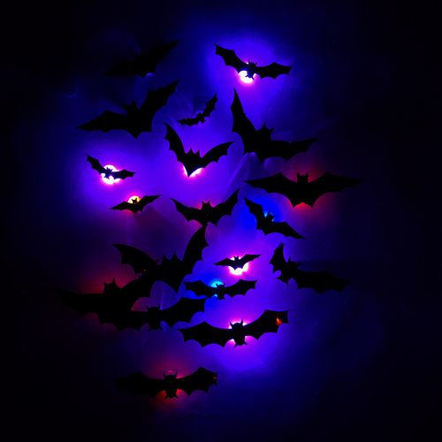12pcs Halloween 3D Night Light Bat PVC Realistic Stereoscopic Sticker Bat Festival Party Decoration LED Night Light Wall Decor