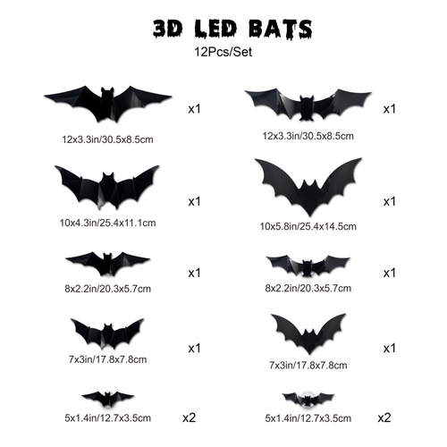 12pcs Halloween 3D Night Light Bat PVC Realistic Stereoscopic Sticker Bat Festival Party Decoration LED Night Light Wall Decor