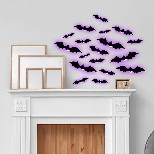 12pcs Halloween 3D Night Light Bat PVC Realistic Stereoscopic Sticker Bat Festival Party Decoration LED Night Light Wall Decor