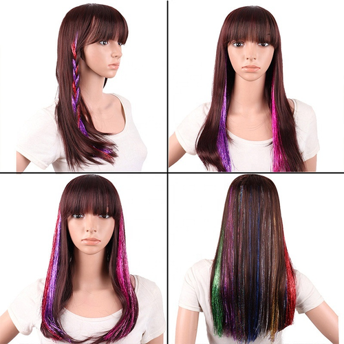 16pcs Sparkle Shiny Hair Tinsel Rainbow Silk Hair Extensions Dazzles Women Hippie for Braiding Heat Resistant Tinsel Hair Extension 16 Colors