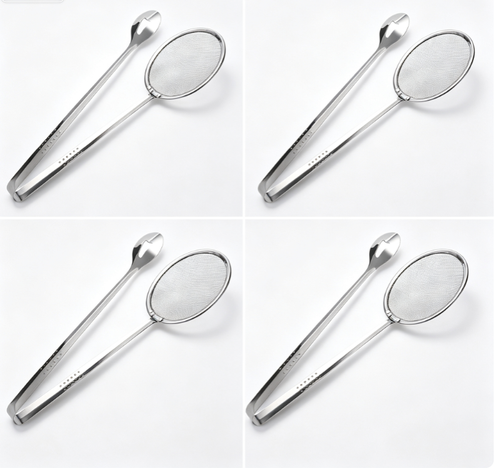 Stainless Steel Frying Oil Strainer Tongs Anti-Scald Food Drain Clip Kitchen Deep Fry Skimmer Spoon for Fried Residue Filter Four Per Set