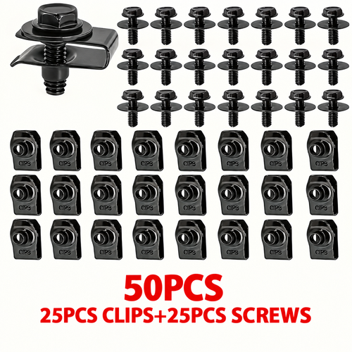 50-Piece Metal Cars Motorcycles Fastener Set - Clips+Screws, Car Bolt Clips, Bumper Front Wing Clips, Engine Splash Shield Rivets, Fender Fastener Buckles, U-Shaped Washers, Motorcycle Accessories, Car Accessories, Vehicle Accessories