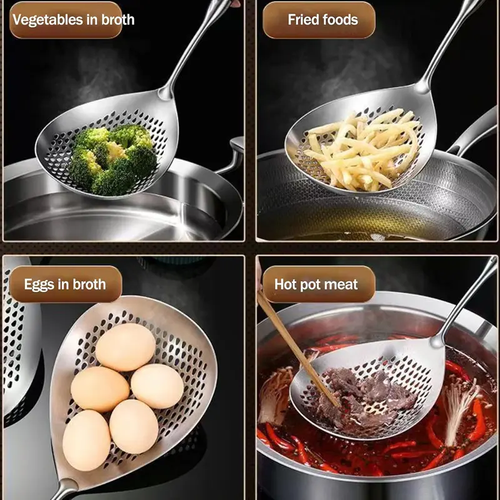 Wooden Handle Stainless Steel Skimmer, Skimmer Slotted Spoon, Ladle Spoon with Heat-Resistant Long Handle, Extra Thick Spider Strainer for Deep Frying, Boiling & Fast Oil Draining Two Per Set