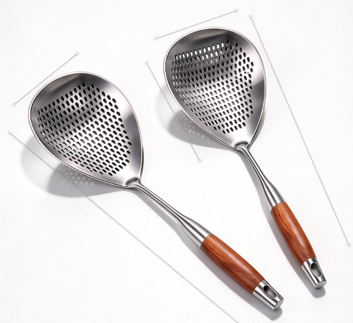 Wooden Handle Stainless Steel Skimmer, Skimmer Slotted Spoon, Ladle Spoon with Heat-Resistant Long Handle, Extra Thick Spider Strainer for Deep Frying, Boiling & Fast Oil Draining Two Per Set