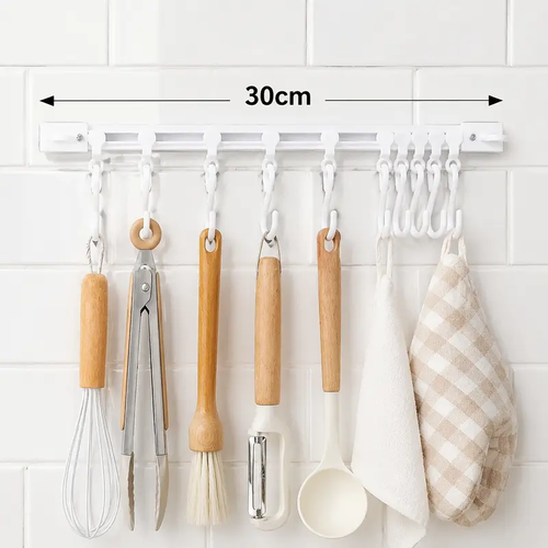 10-Hook Adjustable Multifunctional Slide Rail Adhesive Wall Organiser - Kitchen Utensil Holder, Cupboard Hanging Storage Rack for Bathroom, Bedroom 5-pack