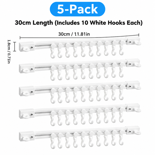 10-Hook Adjustable Multifunctional Slide Rail Adhesive Wall Organiser - Kitchen Utensil Holder, Cupboard Hanging Storage Rack for Bathroom, Bedroom 5-pack
