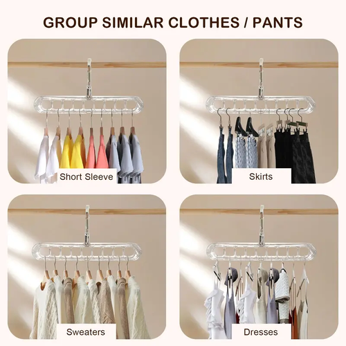 4pcs Durable Plastic 360-Degree Rotatable Spin-and-Reach 9-Hole Antiskid Stays Put Folding Hangers - 9-in-1 Heavy-Duty Universal Space-Saving Closet Organizer Storage for Bedroom Home Supplies