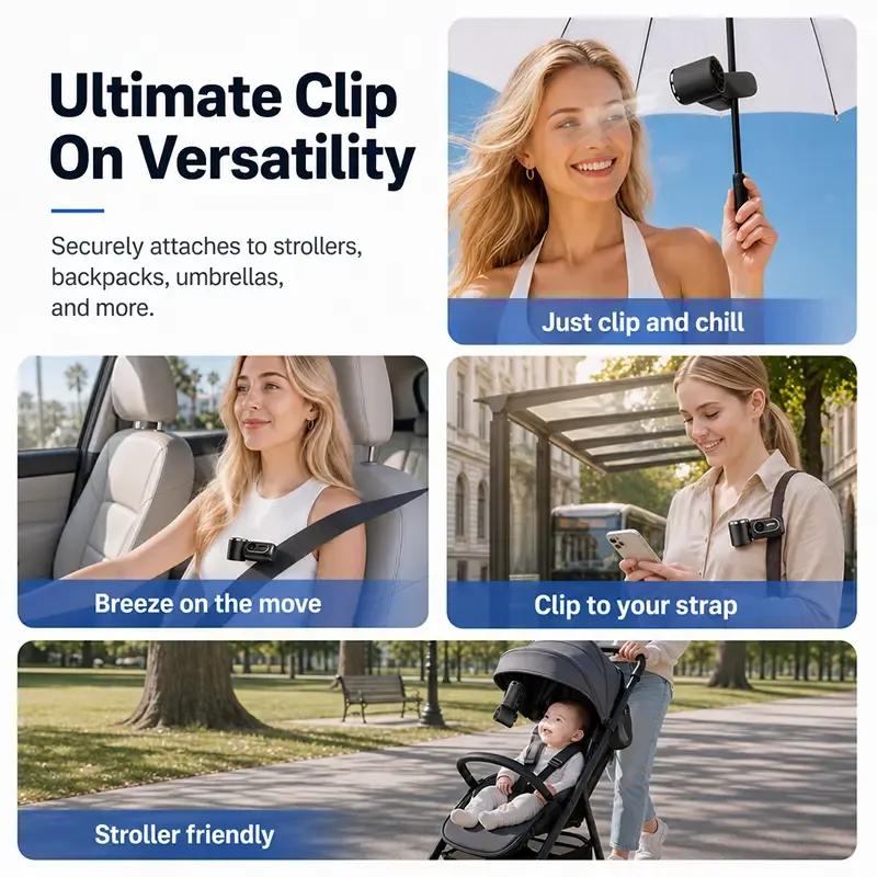 Mini Portable Handheld Clip Fan 3-in-1 Rechargeable 3000mAh Battery, 5 Speeds, 180° Adjustable Airflow, USB Cooling, Perfect for Travel, Office, and Personal Use - Protection