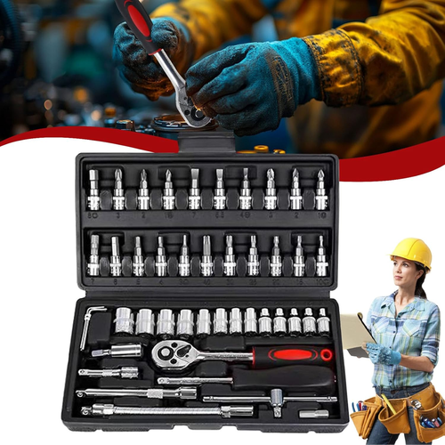 46pcs Car Repair Machinery Tools Set, Household Machinery Tools, Socket Wrench Diy Repair Tool Kit, Ratchet Screwdriver Compatible with Car Repair & Bicycle Repair, Hardware Toolbox Compatible with Auto Repairing, Gifts for Husband & Men outdoorfun