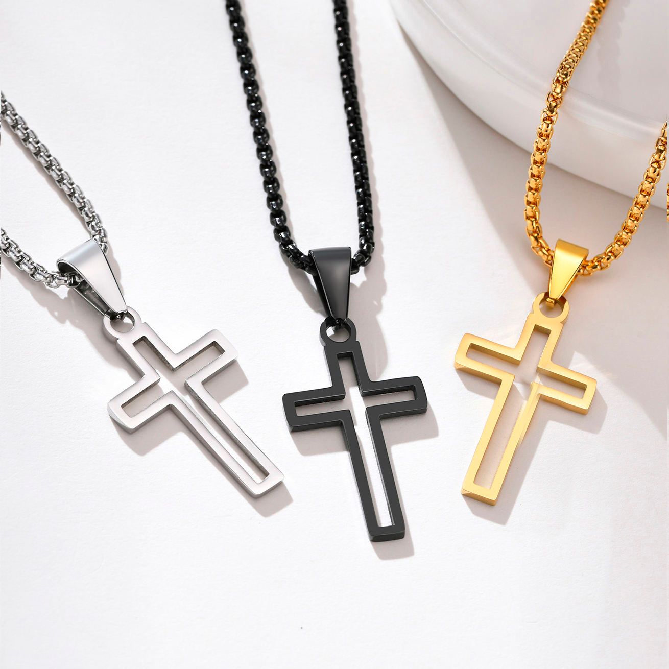 CAOSHI Stainless Steel Christian Catholic Religious Punk Necklace Silver Gold Black Color Box Chain Cross Necklace for Men Women