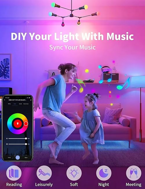 Tuya Bluetooth Smart LED Bulb E27 RGBCW Dimmable, Phone App Control, AC230V,2-Pack