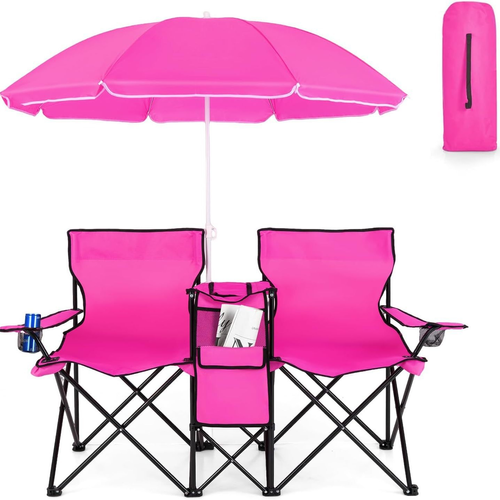 Outdoor Beach Chair with Sunshade and Cooler Bag, Portable Double Folding Camping Chair for Couples, Multifunctional